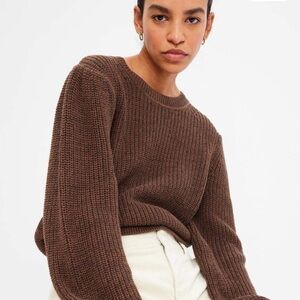 Gap Shaker-Stitch Balloon Sleeve Sweater 100% Cotton Crewneck Chocolate Brown